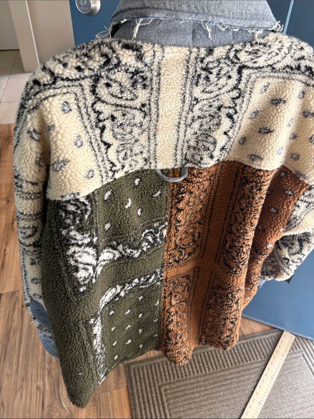 Oli & Hali Patchwork Sherpa Jacket in Cream, Brown & Olive  oversized Denim Trim - Picture 4 of 7